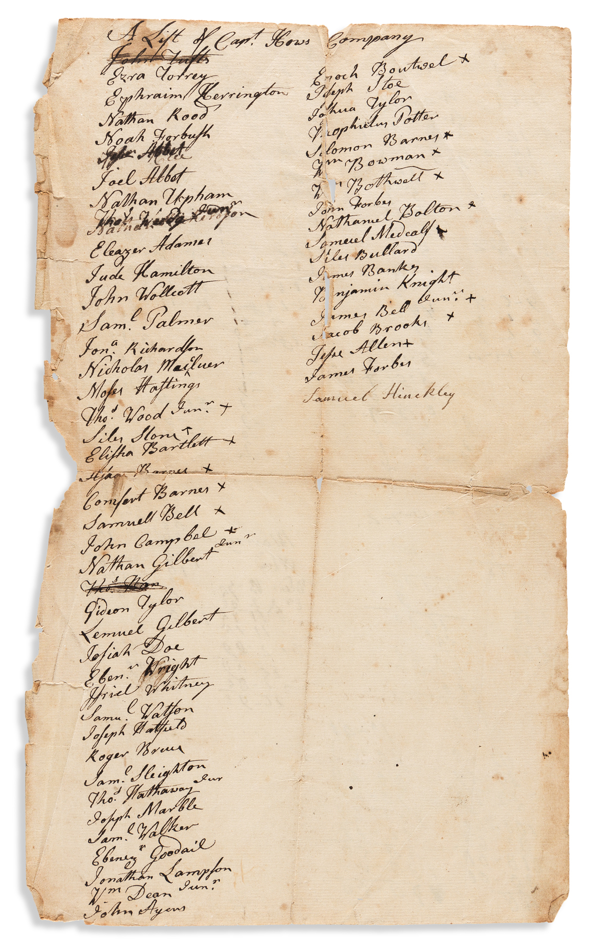 (AMERICAN REVOLUTION--1776.) Muster roll for Capt. Abner Hows company in the Continental Army.